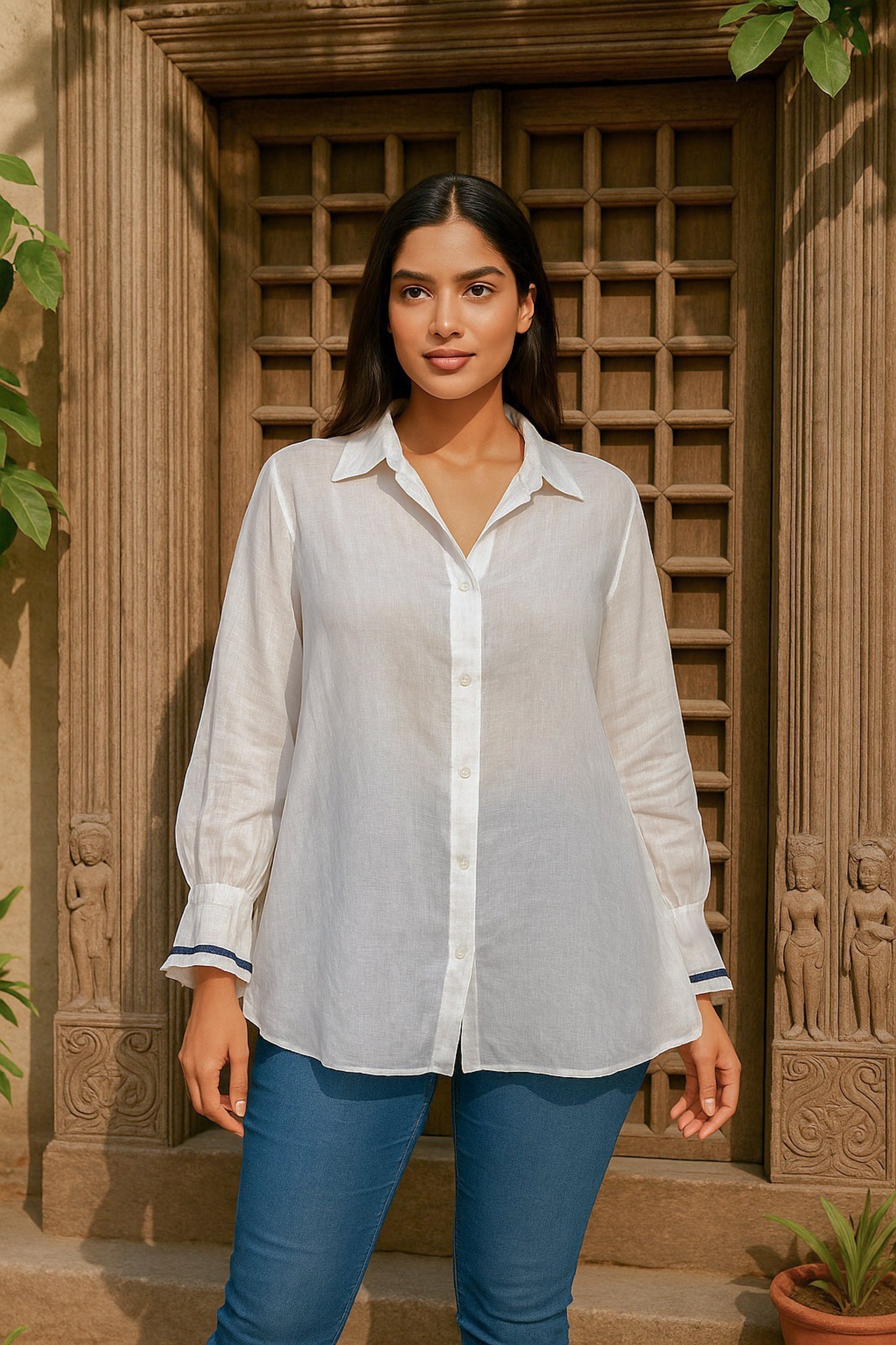 Ekaurr BIGDI Nazaara Cotton Shirt finest cotton summer shirt with a vision-inspired print or embroidered detailing in soft earthy tones, artisan slow fashion top for women from the BIGDI summer collection