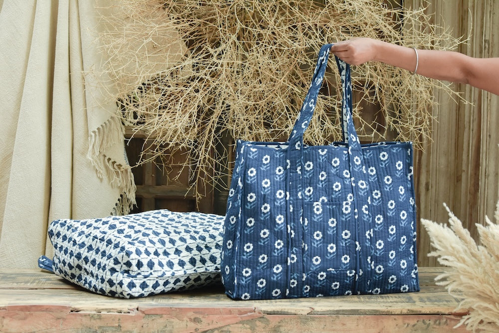 Ekaurr Neel Tote Bag handcrafted block-printed quilted cotton tote in indigo blue tones with a reversible design at 18x15x5 inches, artisan Indian textile bag for everyday shopping travel and conscious styling