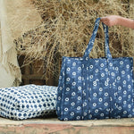 Ekaurr Neel Tote Bag handcrafted block-printed quilted cotton tote in indigo blue tones with a reversible design at 18x15x5 inches, artisan Indian textile bag for everyday shopping travel and conscious styling