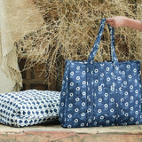 Ekaurr Neel Tote Bag handcrafted block-printed quilted cotton tote in indigo blue tones with a reversible design at 18x15x5 inches, artisan Indian textile bag for everyday shopping travel and conscious styling