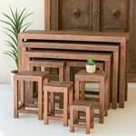 Ekaurr Nestcraft Nesting Tables set of 9 handcrafted reclaimed wood nesting side tables in graduating sizes, versatile artisan rustic furniture set for living rooms and multifunctional home spaces
