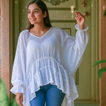 Ekaurr BIGDI Noor Ruffle Cotton Top finest cotton summer top with a light-inspired cascading ruffle detail in luminous soft pastel tones, artisan slow fashion top for women from the BIGDI summer pastel collection