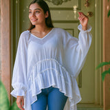 Ekaurr BIGDI Noor Ruffle Cotton Top finest cotton summer top with a light-inspired cascading ruffle detail in luminous soft pastel tones, artisan slow fashion top for women from the BIGDI summer pastel collection