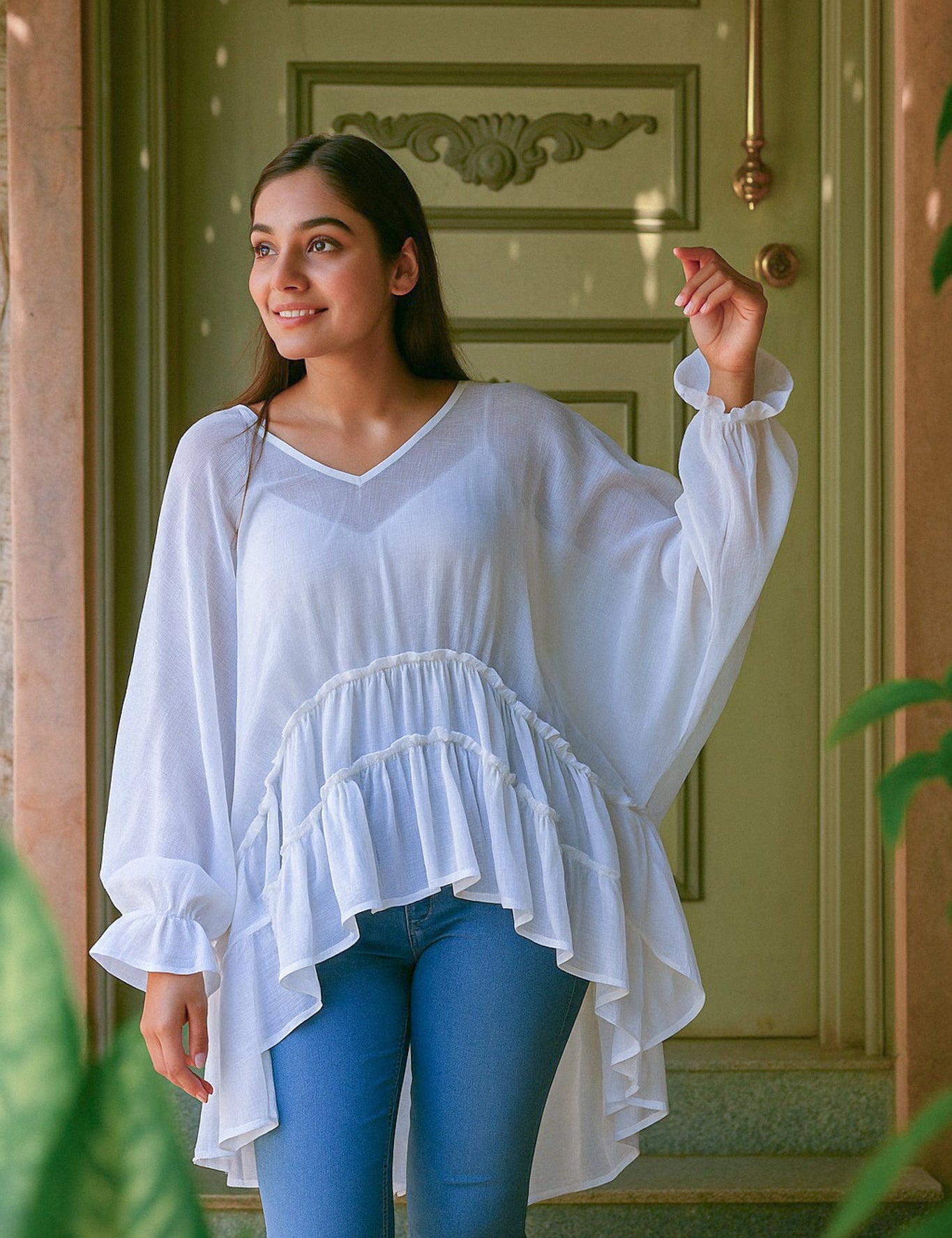 Ekaurr BIGDI Noor Ruffle Cotton Top finest cotton summer top with a light-inspired cascading ruffle detail in luminous soft pastel tones, artisan slow fashion top for women from the BIGDI summer pastel collection