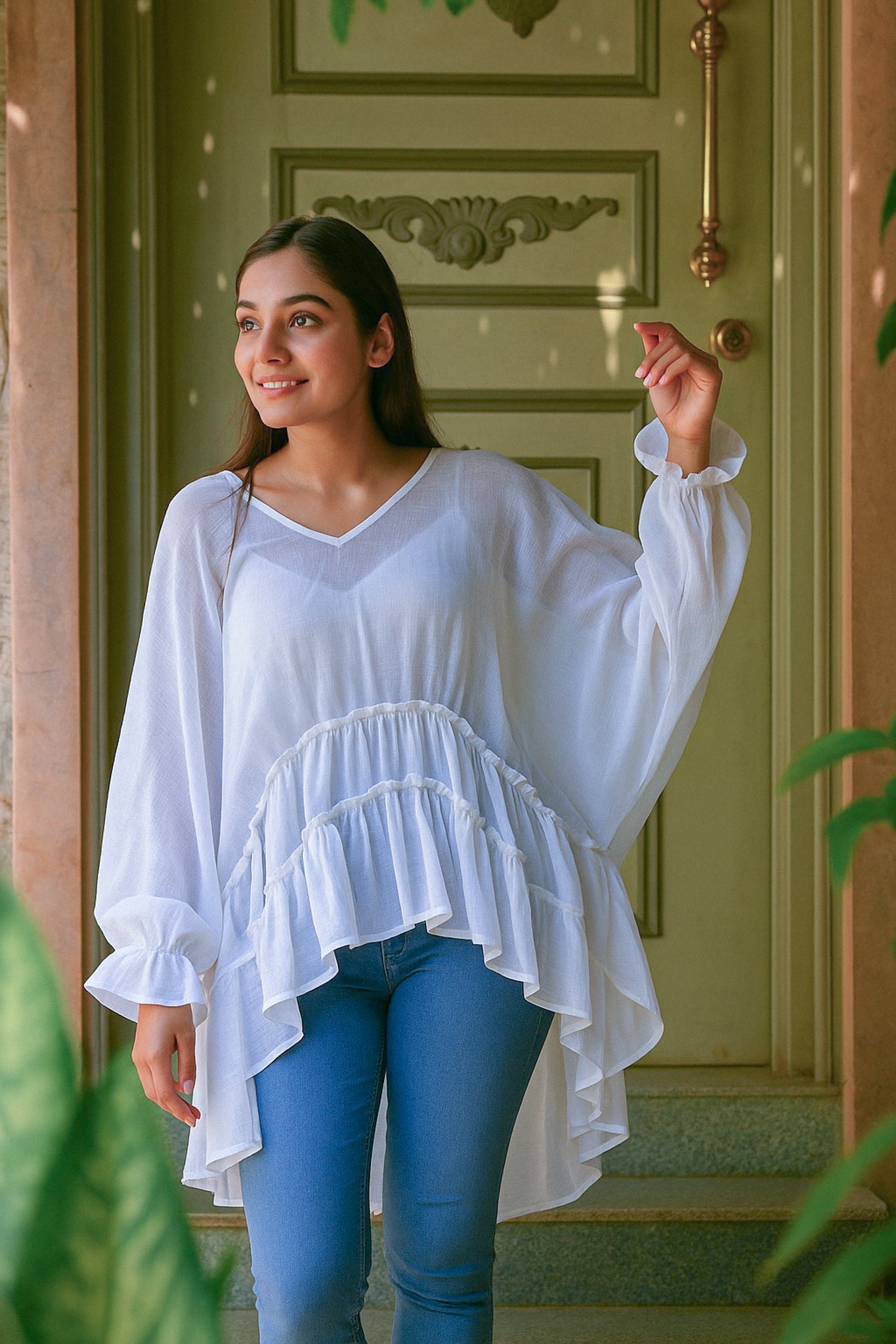 Ekaurr BIGDI Noor Ruffle Cotton Top finest cotton summer top with a light-inspired cascading ruffle detail in luminous soft pastel tones, artisan slow fashion top for women from the BIGDI summer pastel collection