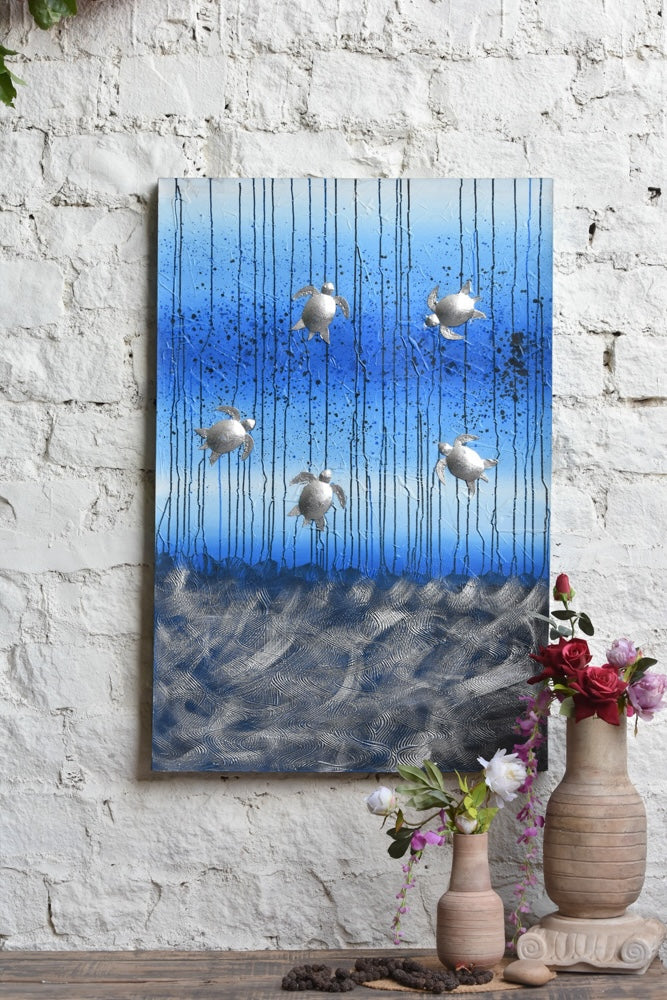 Ekaurr Ocean Ballet original painting with flowing aquatic movement and blue-green tonal composition, handcrafted coastal artwork for living rooms bedrooms and home wall styling