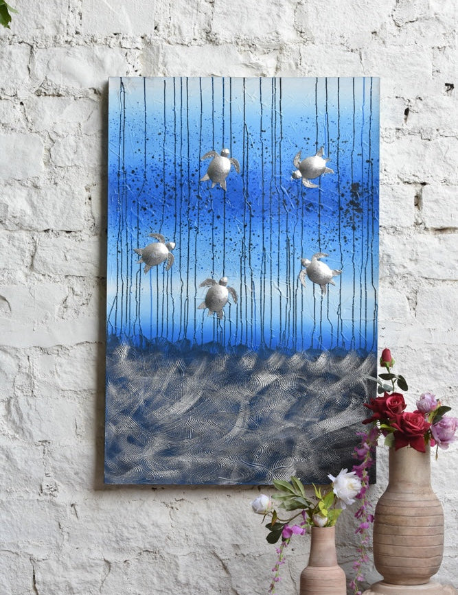 Ekaurr Ocean Ballet original painting with flowing aquatic movement and blue-green tonal composition, handcrafted coastal artwork for living rooms bedrooms and home wall styling