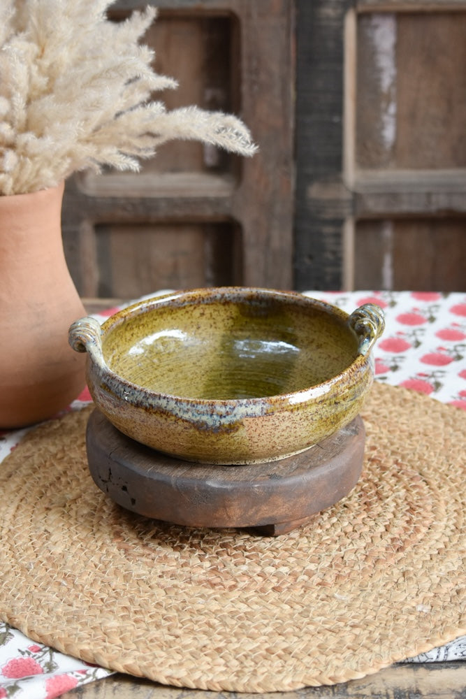 Ekaurr Olive Serving Bowl handmade ceramic serving bowl in earthy olive green glaze with organic hand-thrown form, artisan kitchen essential from the Liora charity collection for dining and table styling
