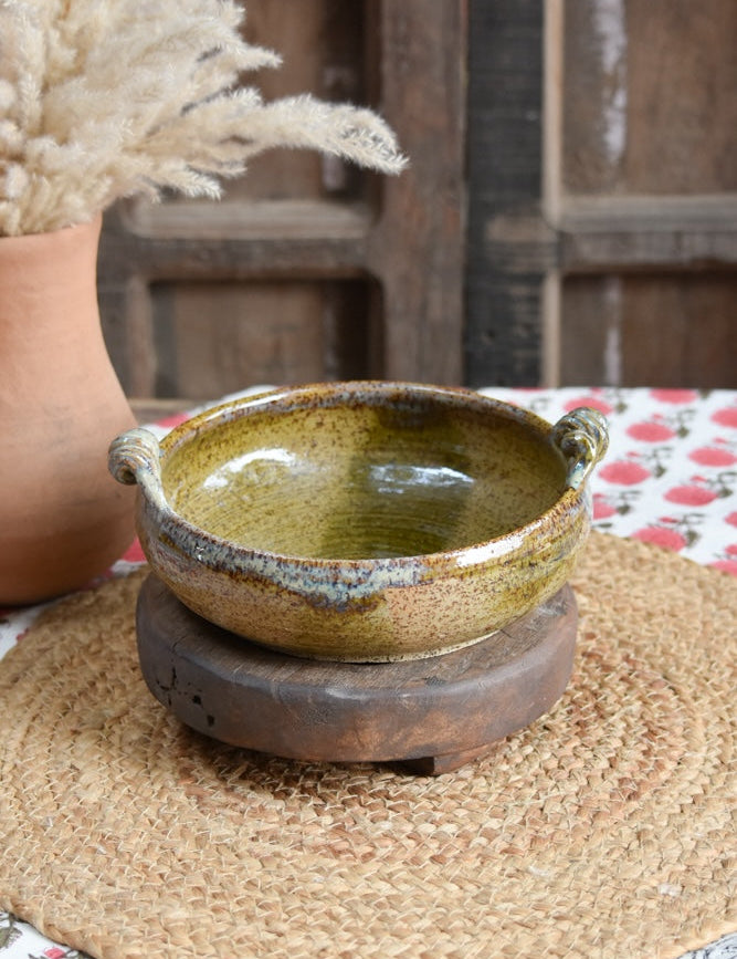 Ekaurr Olive Serving Bowl handmade ceramic serving bowl in earthy olive green glaze with organic hand-thrown form, artisan kitchen essential from the Liora charity collection for dining and table styling