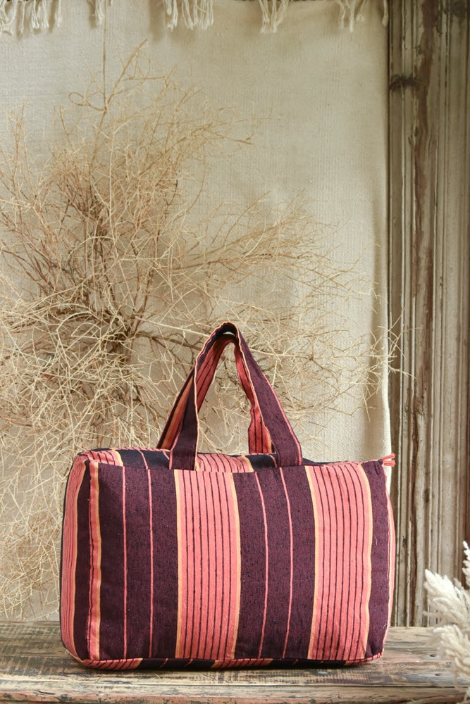 Ekaurr Orange Maroon Fabric Picnic Bag handcrafted quilted cotton picnic tote in warm orange and deep maroon with a spacious structured form, artisan Indian textile bag for picnics outings and vibrant everyday use