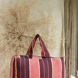 Ekaurr Orange Maroon Fabric Picnic Bag handcrafted quilted cotton picnic tote in warm orange and deep maroon with a spacious structured form, artisan Indian textile bag for picnics outings and vibrant everyday use