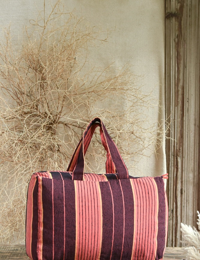 Ekaurr Orange Maroon Fabric Picnic Bag handcrafted quilted cotton picnic tote in warm orange and deep maroon with a spacious structured form, artisan Indian textile bag for picnics outings and vibrant everyday use