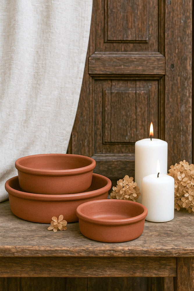 Ekaurr Oven to Table Terracotta Baking Bowls set of 3 handmade natural clay baking bowls crafted by rural Indian artisans, oven-safe earthy kitchen essentials for baking serving and conscious table dining