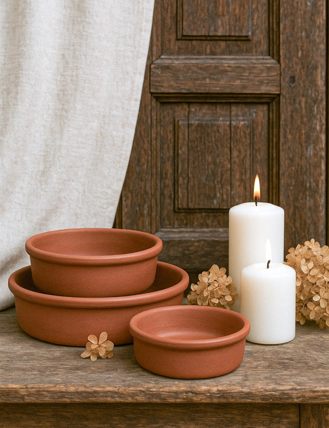 Ekaurr Oven to Table Terracotta Baking Bowls set of 3 handmade natural clay baking bowls crafted by rural Indian artisans, oven-safe earthy kitchen essentials for baking serving and conscious table dining