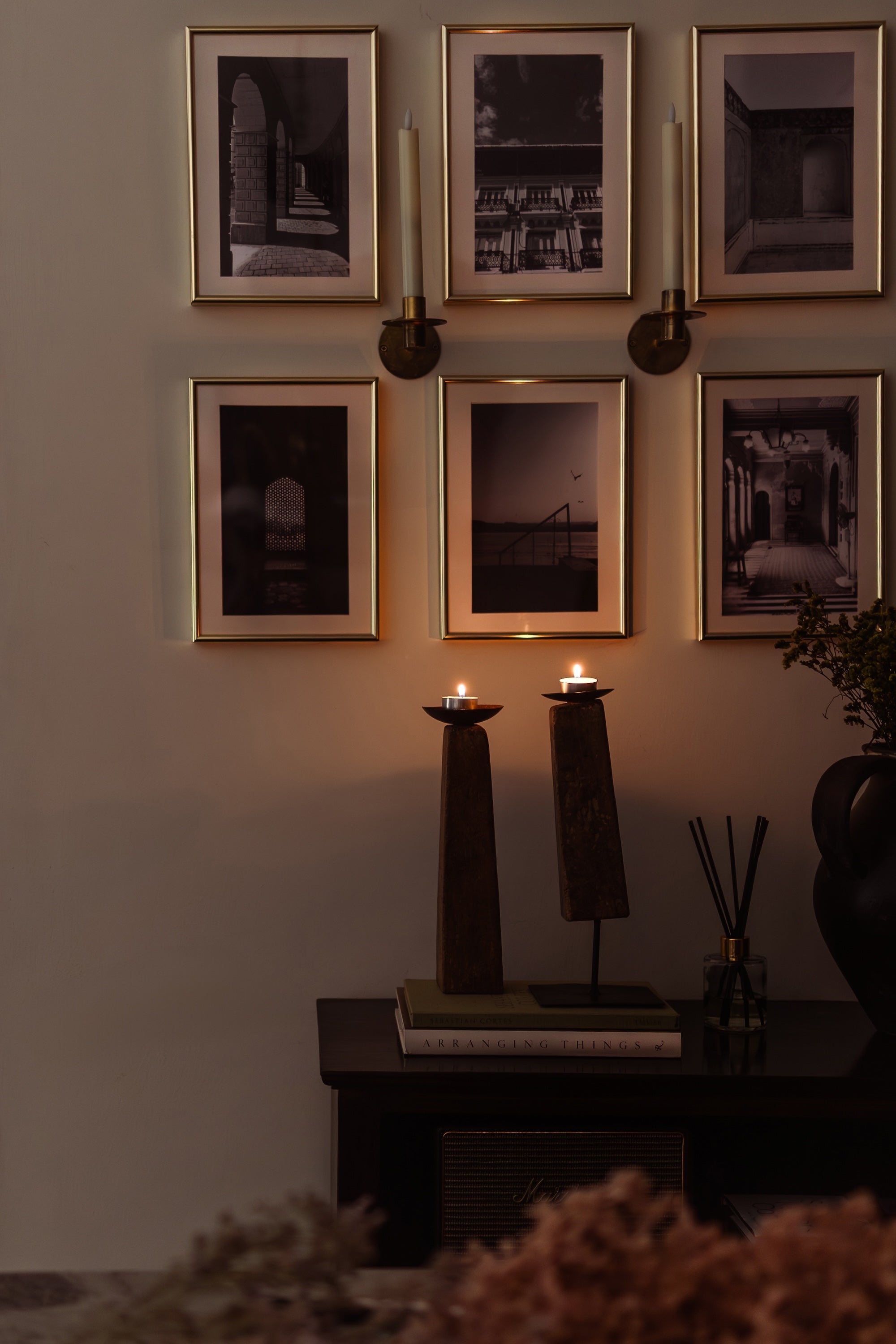 Ekaurr Paaga Candle Stands styled in a warm interior vignette – reclaimed wood tealight holders on display