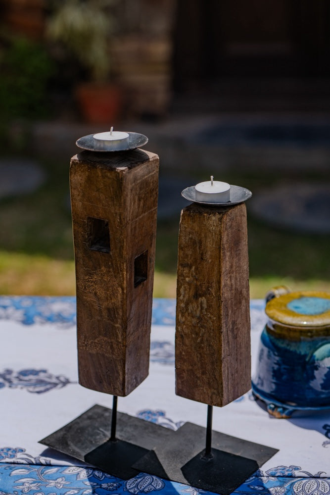 Ekaurr Paaga Candles on Iron Base Set of 2 – reclaimed wood blocks on sleek metal bases with tealight plates