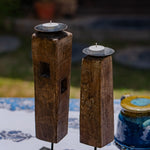 Ekaurr Paaga Candles on Iron Base Set of 2 – reclaimed wood blocks on sleek metal bases with tealight plates