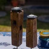 Ekaurr Paaga Candles on Iron Base Set of 2 – reclaimed wood blocks on sleek metal bases with tealight plates