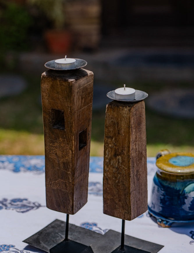 Ekaurr Paaga Candles on Iron Base Set of 2 – reclaimed wood blocks on sleek metal bases with tealight plates