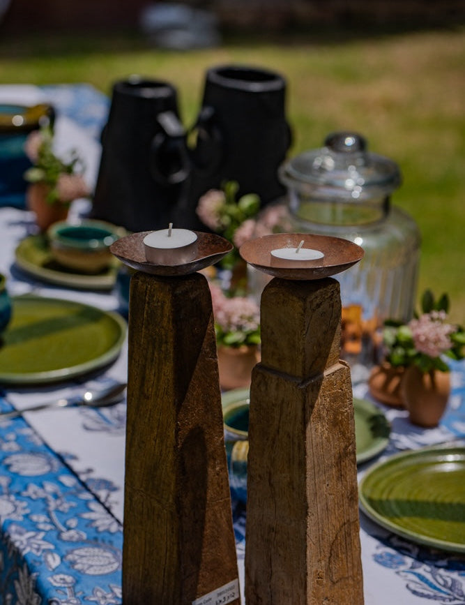 Ekaurr Paaga Candles Set of 2 – tall reclaimed wood tealight stands with metal plates, rustic home decor