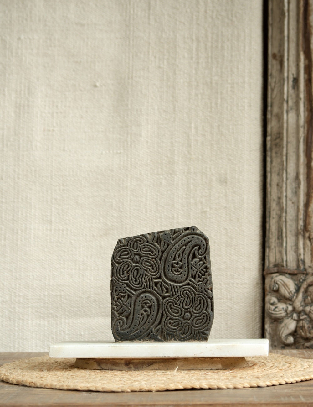 Ekaurr Paisley Print Block on Marble Base Decor vintage wooden textile print block with hand-carved paisley motif on a polished marble stand, artisan heritage collectible for home decor and gifting