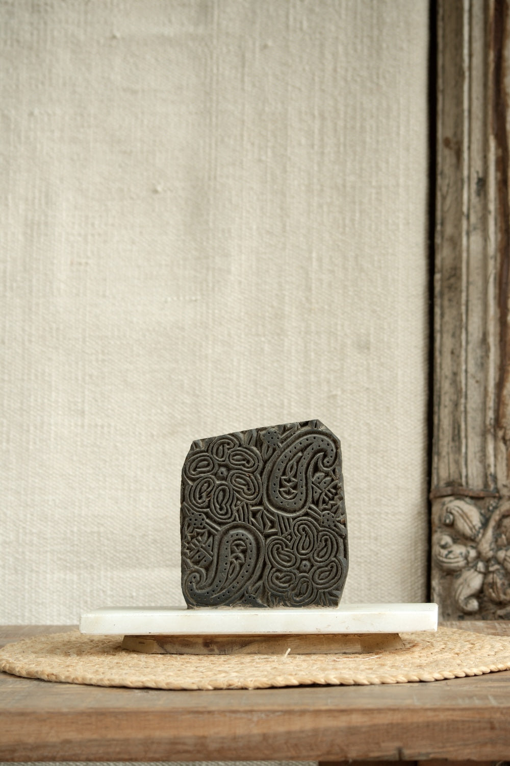 Ekaurr Paisley Print Block on Marble Base Decor vintage wooden textile print block with hand-carved paisley motif on a polished marble stand, artisan heritage collectible for home decor and gifting