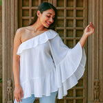 Ekaurr BIGDI Pakhi One Shoulder Cotton Top finest cotton summer top with a bird-light one-shoulder asymmetric neckline in soft pastel tones, artisan slow fashion top for women from the BIGDI summer collection