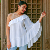 Ekaurr BIGDI Pakhi One Shoulder Cotton Top finest cotton summer top with a bird-light one-shoulder asymmetric neckline in soft pastel tones, artisan slow fashion top for women from the BIGDI summer collection