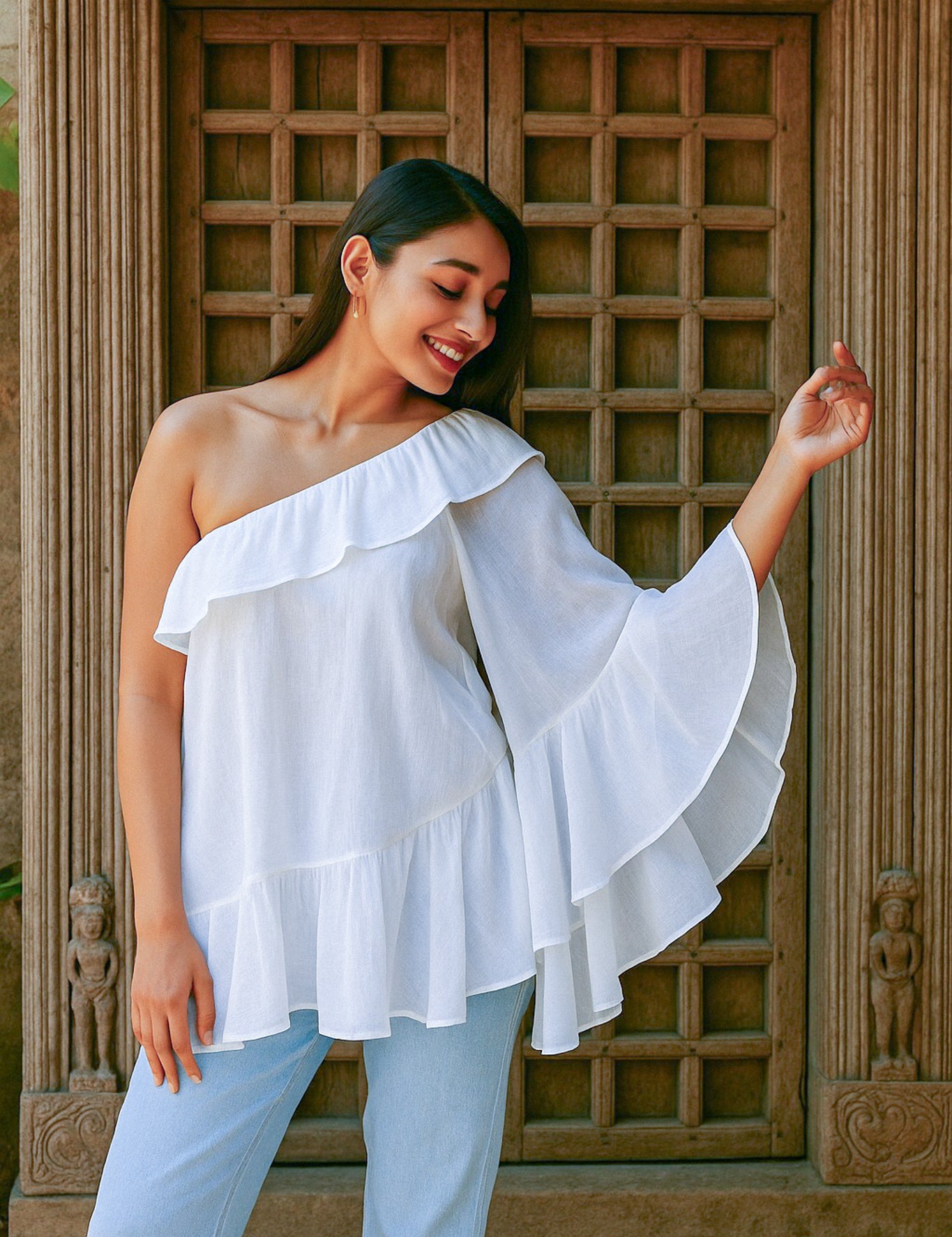 Ekaurr BIGDI Pakhi One Shoulder Cotton Top finest cotton summer top with a bird-light one-shoulder asymmetric neckline in soft pastel tones, artisan slow fashion top for women from the BIGDI summer collection
