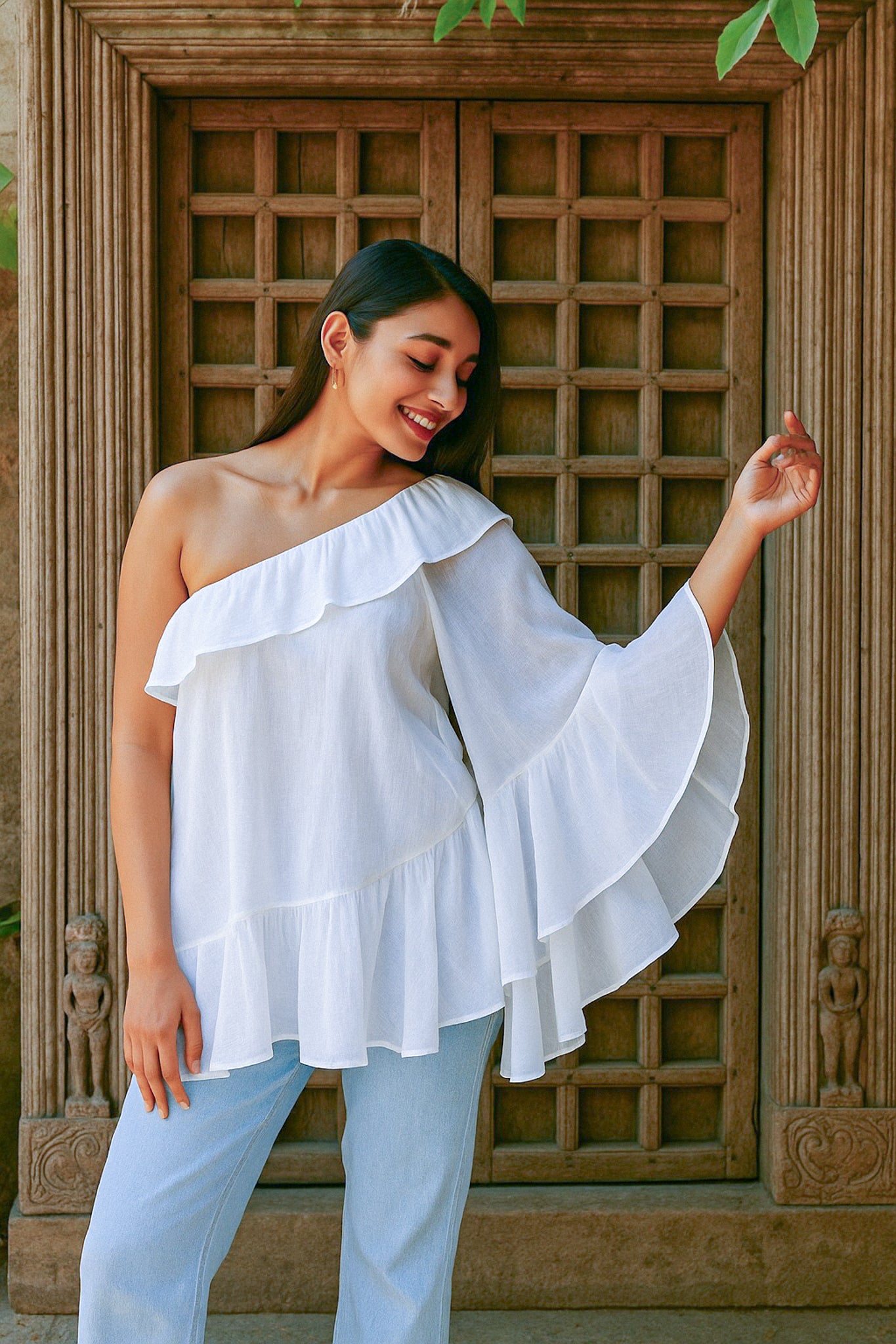 Ekaurr BIGDI Pakhi One Shoulder Cotton Top finest cotton summer top with a bird-light one-shoulder asymmetric neckline in soft pastel tones, artisan slow fashion top for women from the BIGDI summer collection