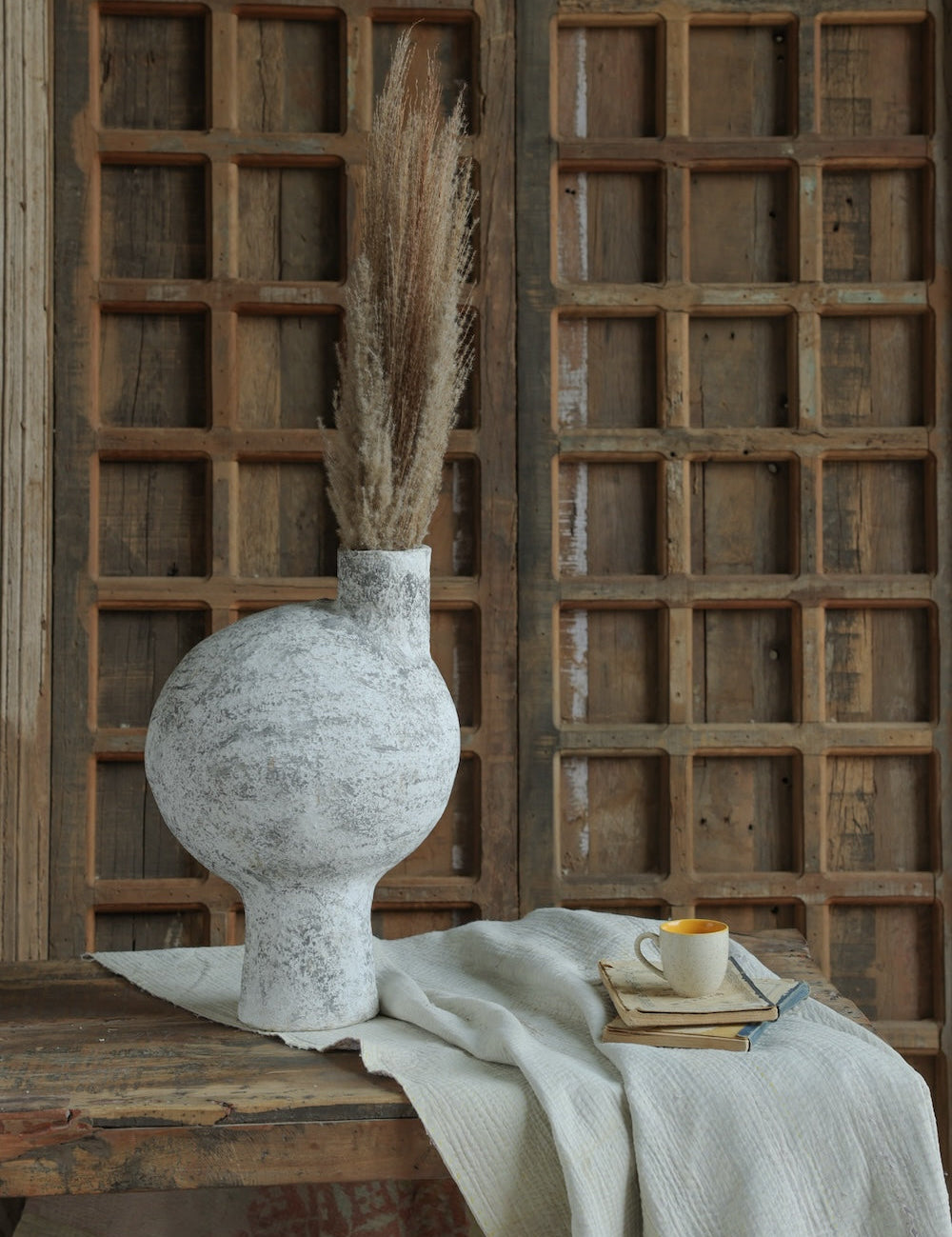 Ekaurr Paper Mache Abstract Pot in Distressed Grey Finish handmade by rural Rajasthan women using recycled paper modern rustic sustainable home decor