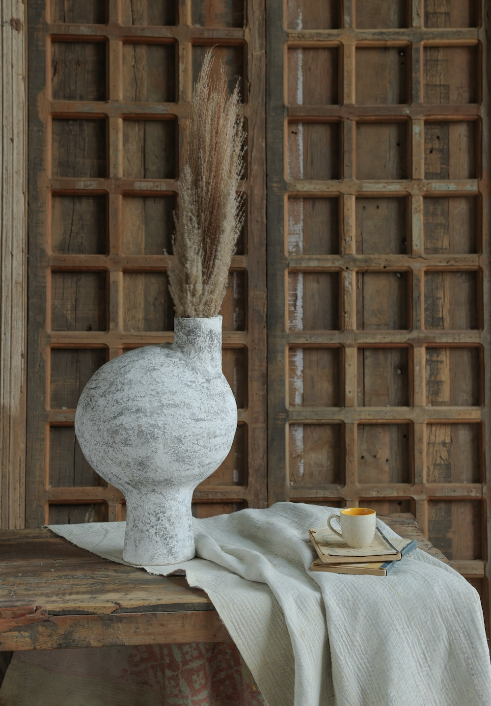 Ekaurr Paper Mache Abstract Pot in Distressed Grey Finish handmade by rural Rajasthan women using recycled paper modern rustic sustainable home decor