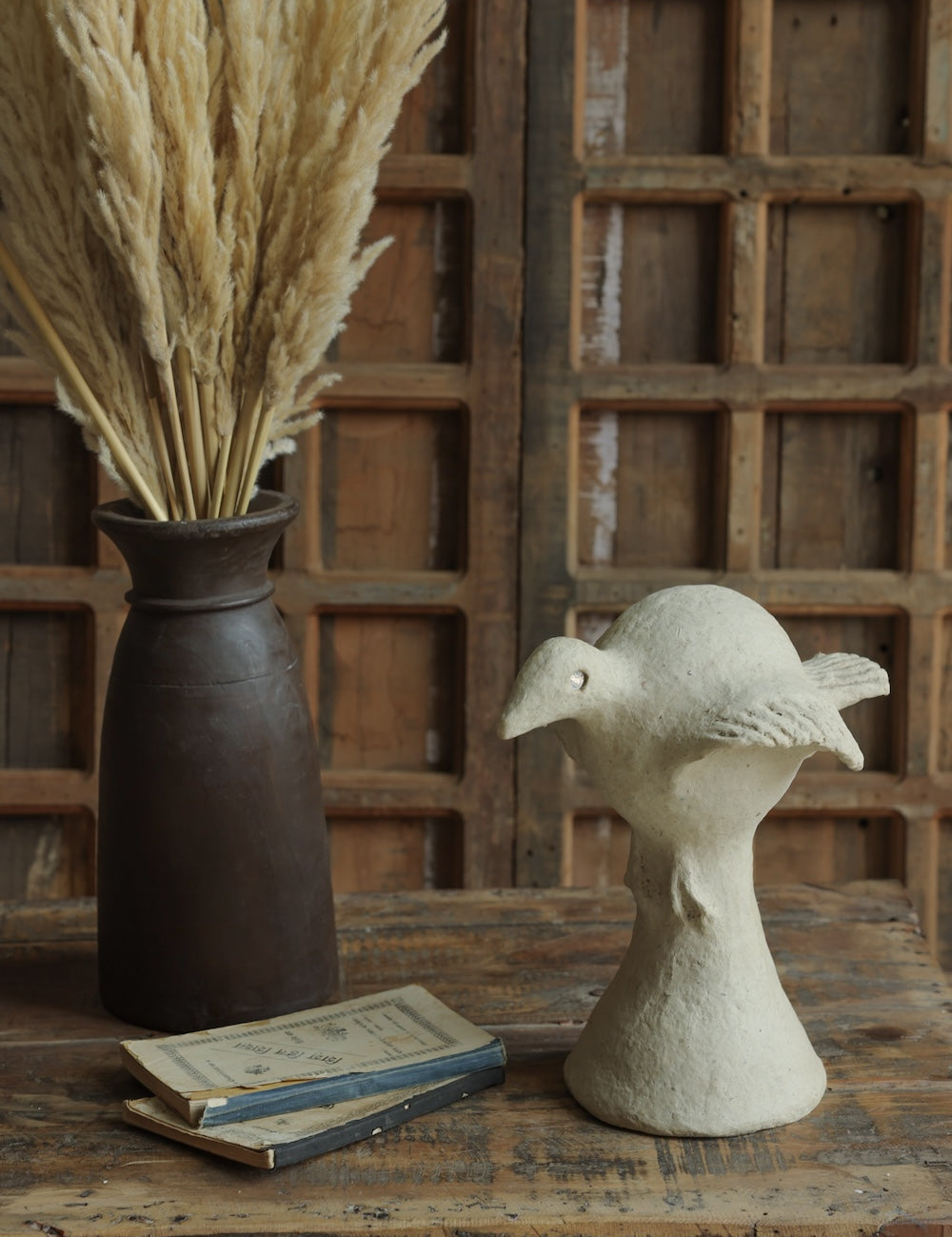 Ekaurr Paper Mache Bird Sculpture handcrafted paper mache bird in an expressive organic form with natural earthy finish, artisan decorative accent for shelves and nature-inspired home styling
