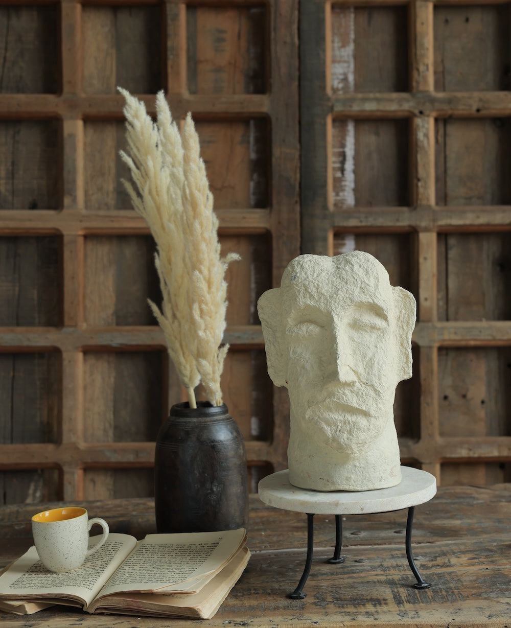 Ekaurr Paper Mache Face handcrafted paper mache sculptural face mask with earthy organic surface finish, artisan wall or shelf decor accent for contemporary and eclectic home interiors