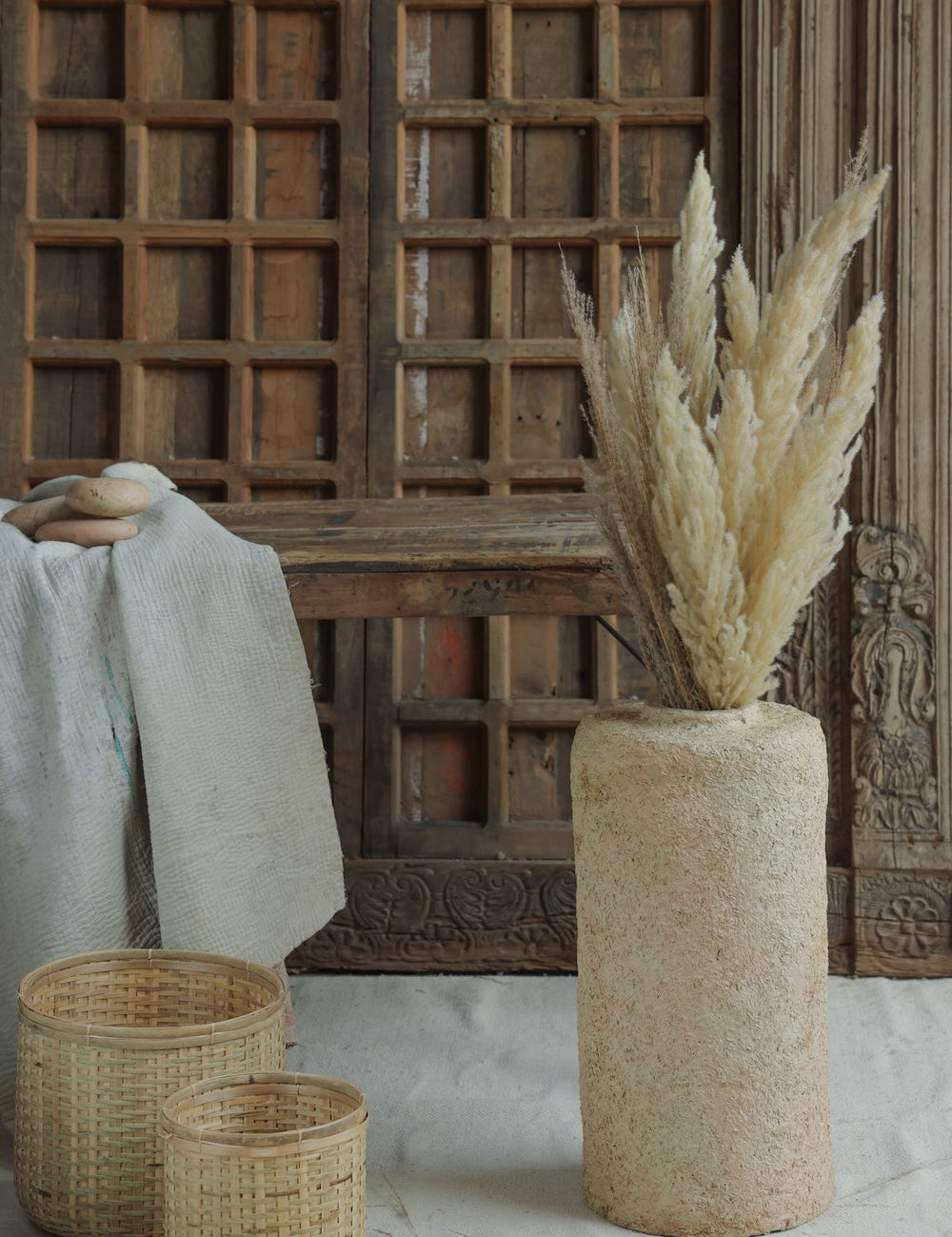 Ekaurr Paper Mache Floor Vase Cladded with Rice Husk tall floor-standing vase handmade by rural Rajasthan women using recycled paper and organic materials