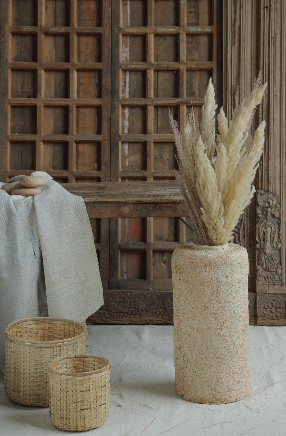 Ekaurr Paper Mache Floor Vase Cladded with Rice Husk tall floor-standing vase handmade by rural Rajasthan women using recycled paper and organic materials