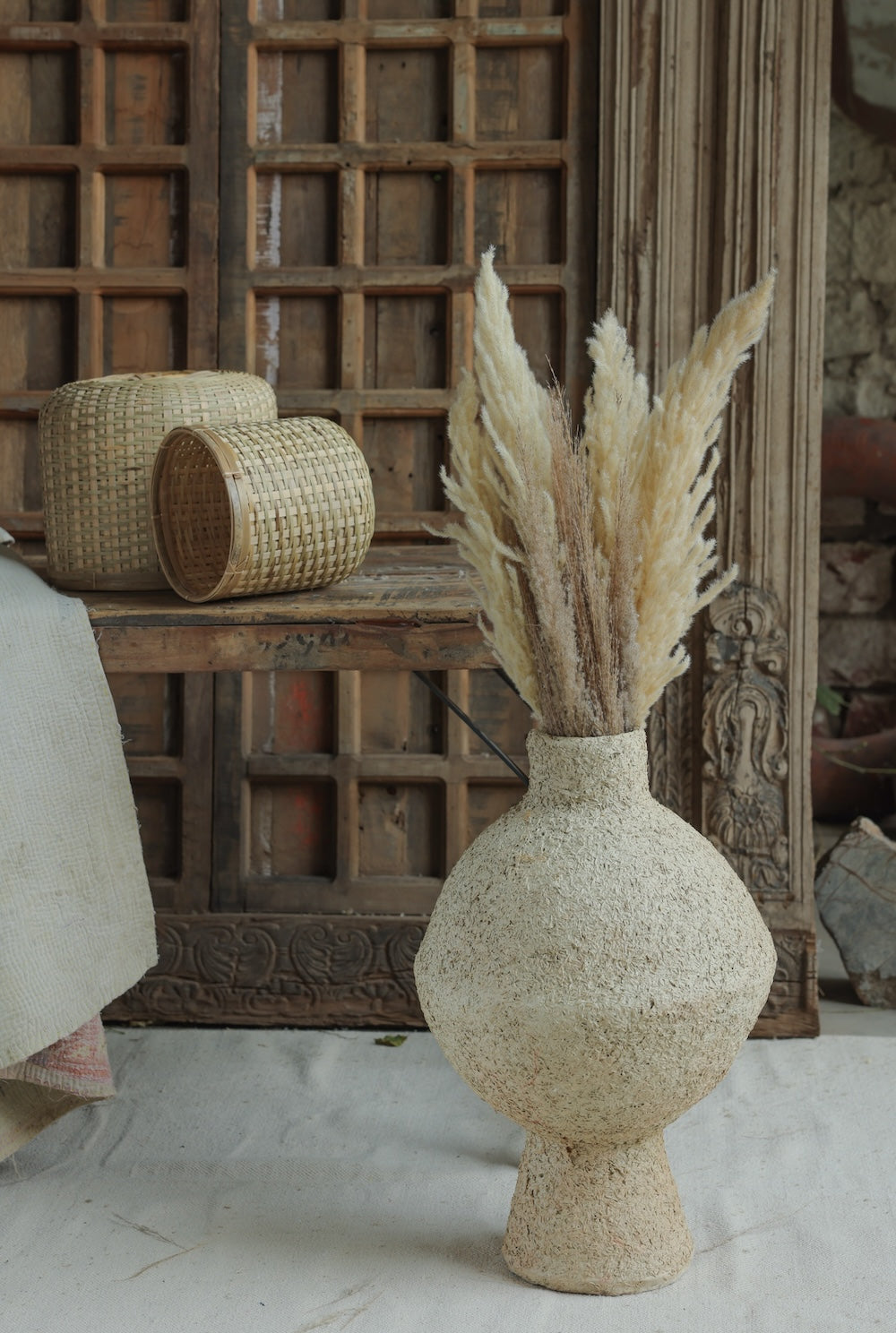 Ekaurr Paper Mache Round Vase Cladded with Rice Husk handmade by rural Rajasthan women artisans organic sustainable Indian craft home decor