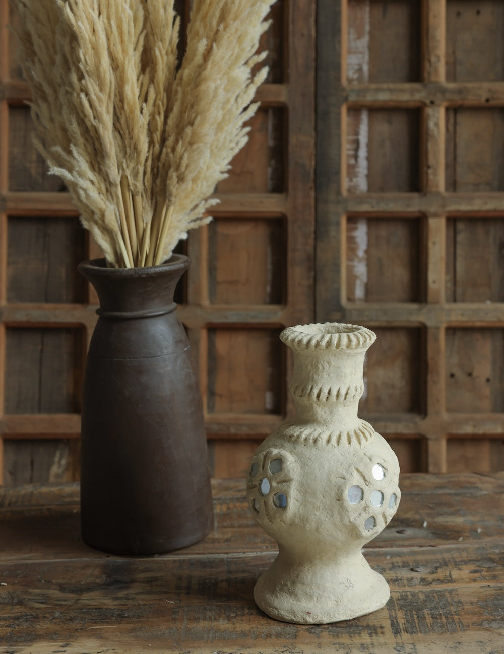 Ekaurr Paper Mache Vase with Mirror Flower Design handmade by rural Rajasthan women artisans traditional mirror embellishment on recycled paper vase