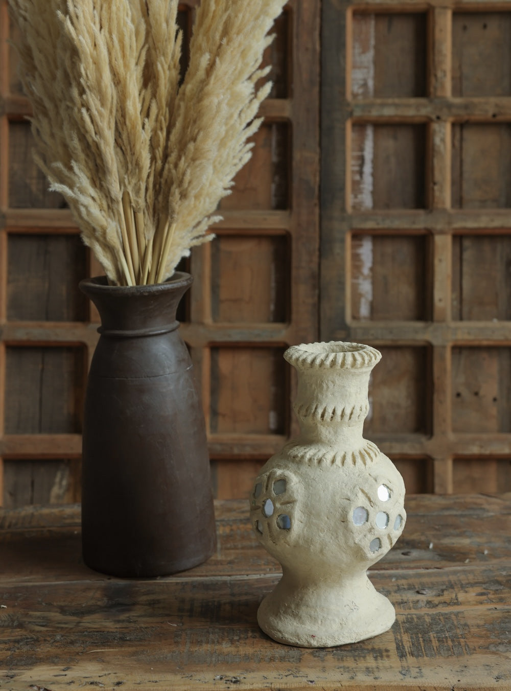 Ekaurr Paper Mache Vase with Mirror Flower Design handmade by rural Rajasthan women artisans traditional mirror embellishment on recycled paper vase