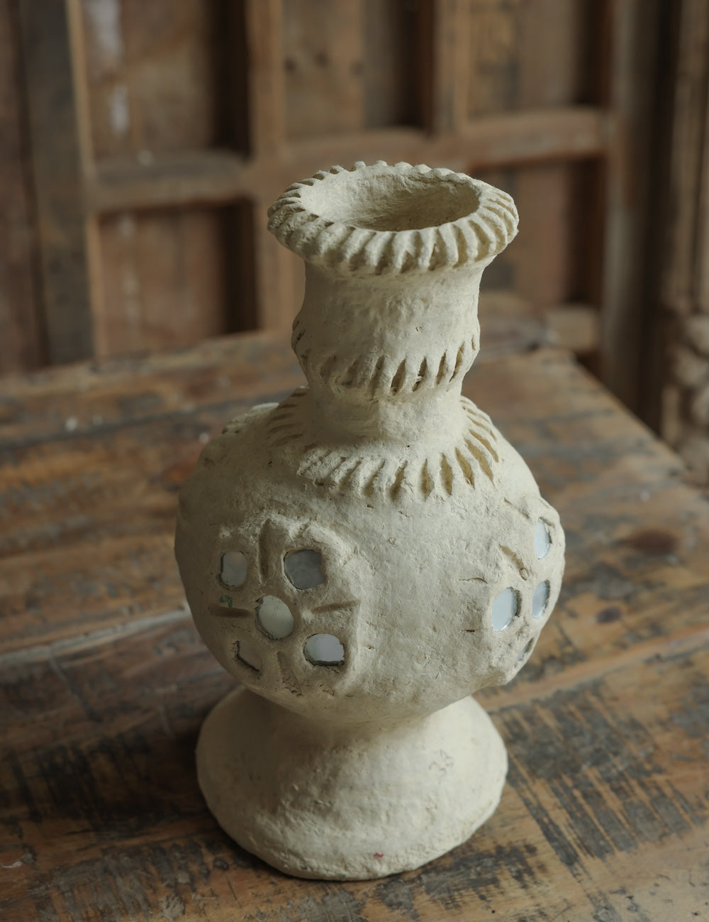 Ekaurr Paper Mache Vase with Mirror Flower Design side view showing mirror detailing and organic surface texture handmade sustainable Indian craft