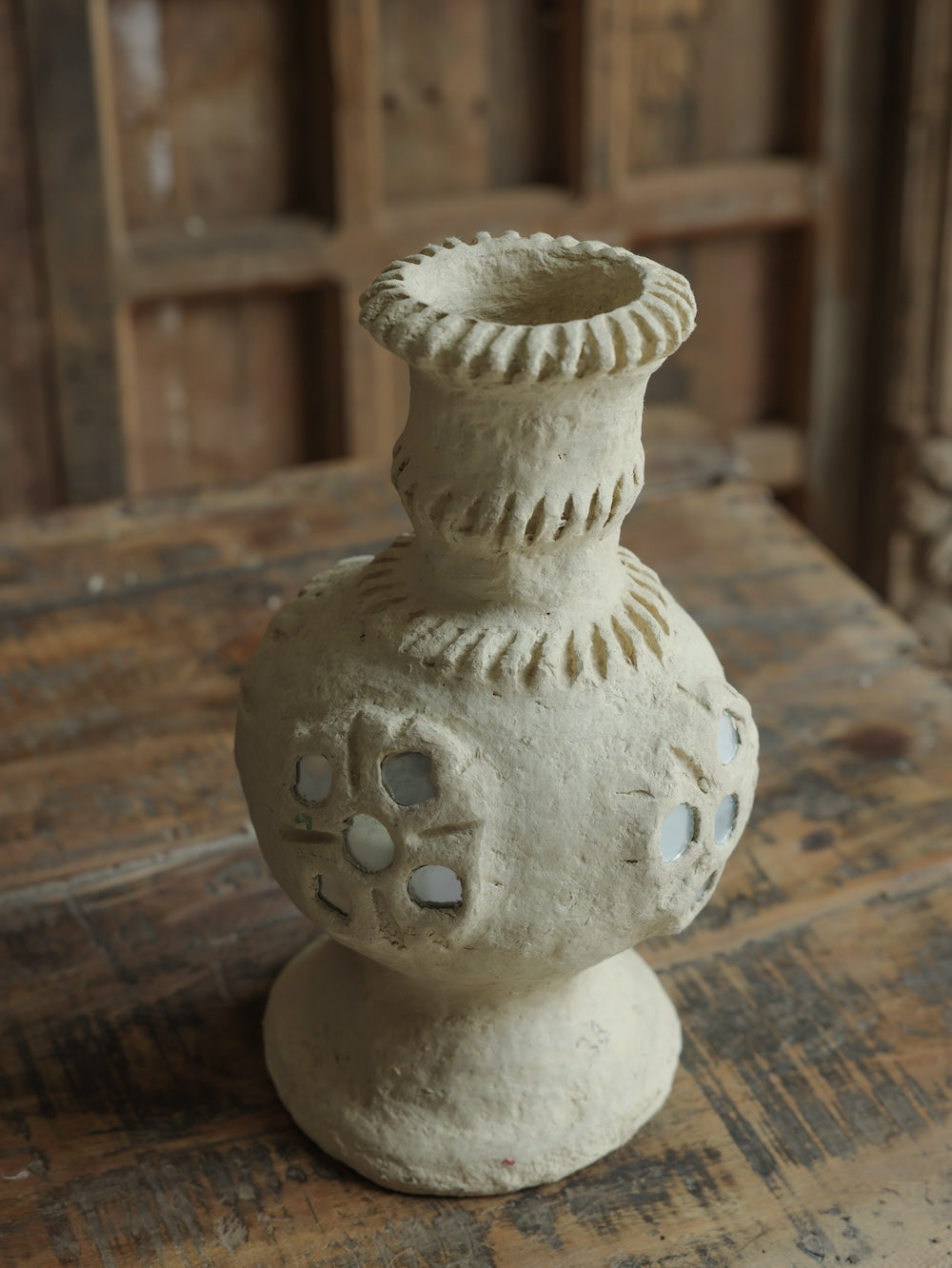 Ekaurr Paper Mache Vase with Mirror Flower Design side view showing mirror detailing and organic surface texture handmade sustainable Indian craft