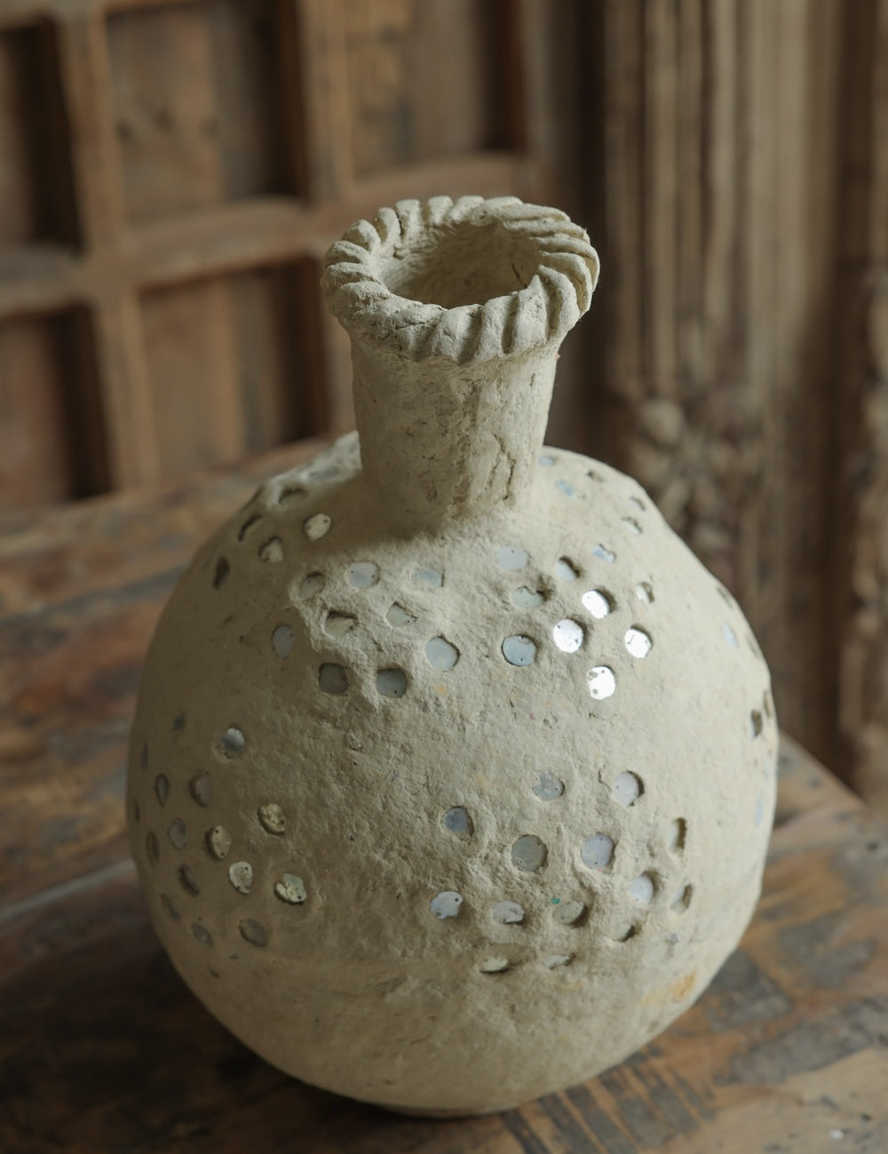 Ekaurr Paper Mache Vase with Mirror Work angled view showing mirror pattern and organic papier mache surface handmade sustainable Indian craft