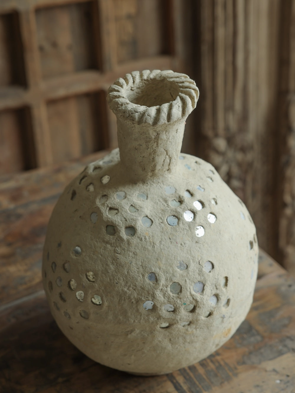 Ekaurr Paper Mache Vase with Mirror Work angled view showing mirror pattern and organic papier mache surface handmade sustainable Indian craft