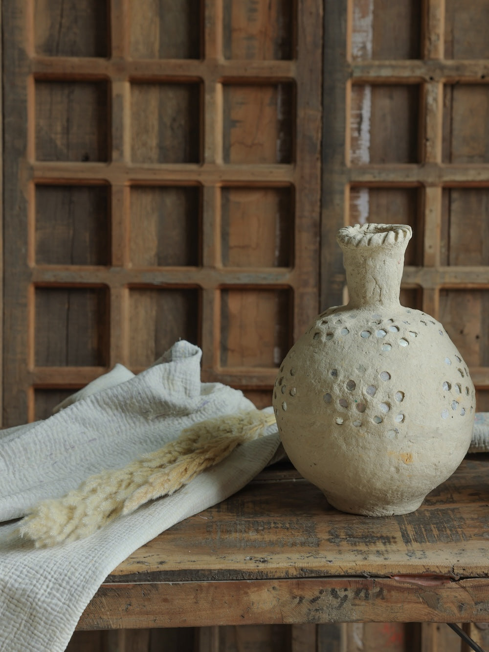 Ekaurr Paper Mache Vase with Mirror Work handmade by rural Rajasthan women using recycled paper traditional Indian mirror embellishment sustainable decor