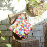 Ekaurr Patchwork of Joy Rosette Cushion Cover handcrafted cushion cover with a dimensional fabric rosette motif in joyful patchwork tones, artisan upcycled textile accent for sofas beds and festive home styling