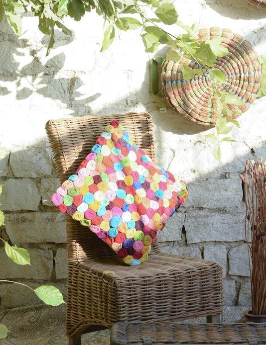 Ekaurr Patchwork of Joy Rosette Cushion Cover handcrafted cushion cover with a dimensional fabric rosette motif in joyful patchwork tones, artisan upcycled textile accent for sofas beds and festive home styling