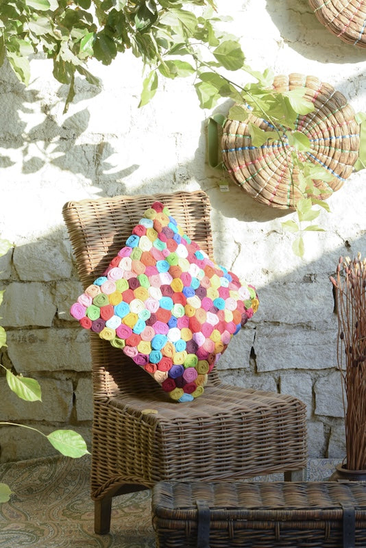 Ekaurr Patchwork of Joy Rosette Cushion Cover handcrafted cushion cover with a dimensional fabric rosette motif in joyful patchwork tones, artisan upcycled textile accent for sofas beds and festive home styling