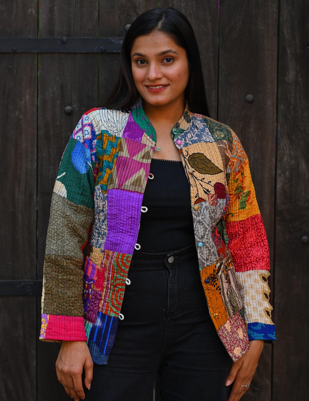 Ekaurr Patchwork Parade Jacket handcrafted artisan jacket in a bold parade of kantha and patchwork fabric panels in multicolour vibrant composition, slow fashion statement outerwear for conscious women's styling