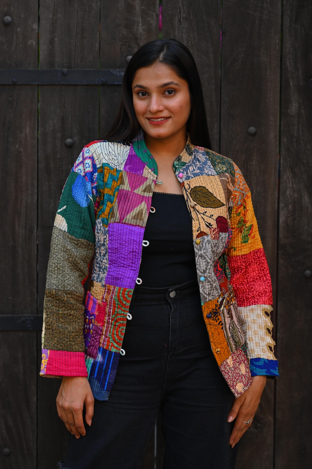 Ekaurr Patchwork Parade Jacket handcrafted artisan jacket in a bold parade of kantha and patchwork fabric panels in multicolour vibrant composition, slow fashion statement outerwear for conscious women's styling