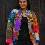 Ekaurr Patchwork Parade Jacket handcrafted artisan jacket in a bold parade of kantha and patchwork fabric panels in multicolour vibrant composition, slow fashion statement outerwear for conscious women's styling